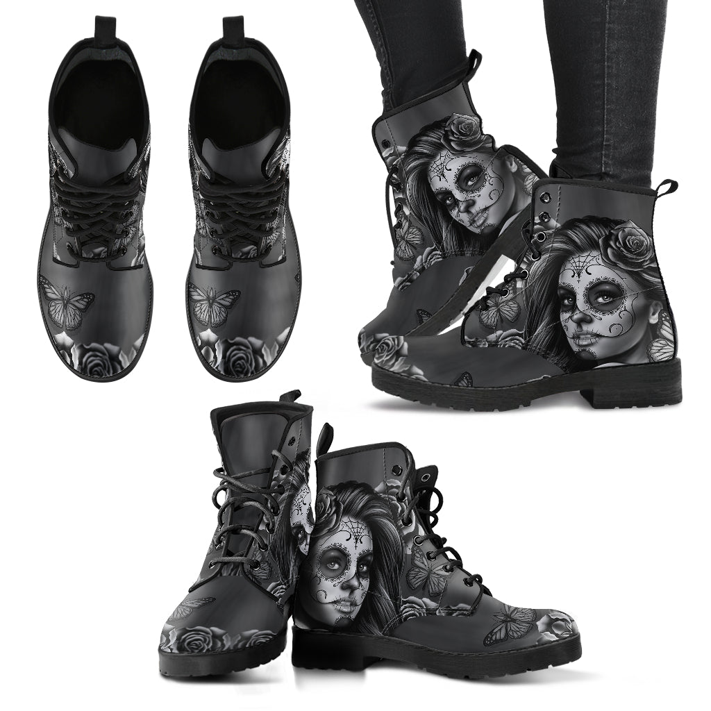 Black and White Skull Lady Boots