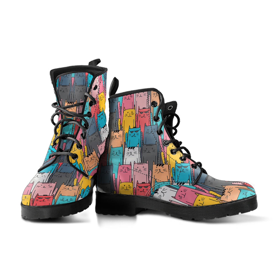 Colorful Cat Print Leather Boots